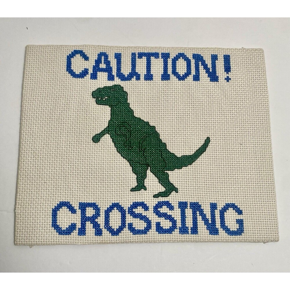 Cross Stitch Finished Piece Caution Dinosaur Crossing Handmade 8x10 Art
